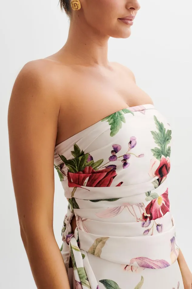 Women Meshki Tops Allegra Satin Ruched Strapless Top 8211 Bella Rosa Print