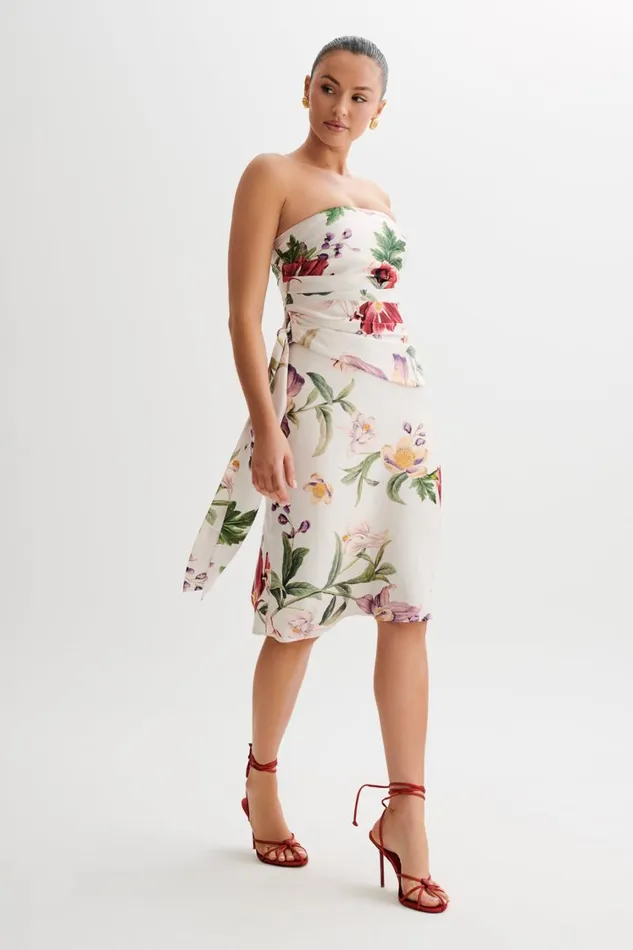 Women Meshki Tops Allegra Satin Ruched Strapless Top 8211 Bella Rosa Print