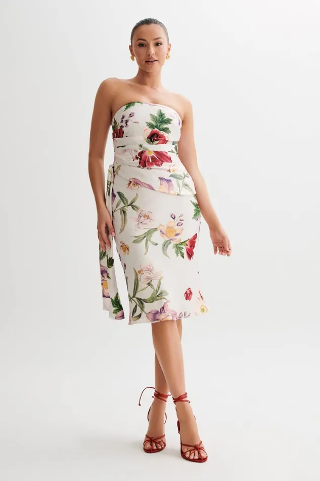 Women Meshki Tops Allegra Satin Ruched Strapless Top 8211 Bella Rosa Print