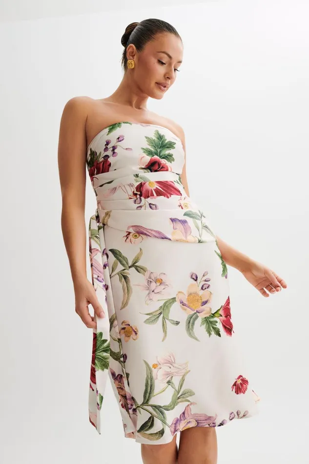 Women Meshki Tops Allegra Satin Ruched Strapless Top 8211 Bella Rosa Print