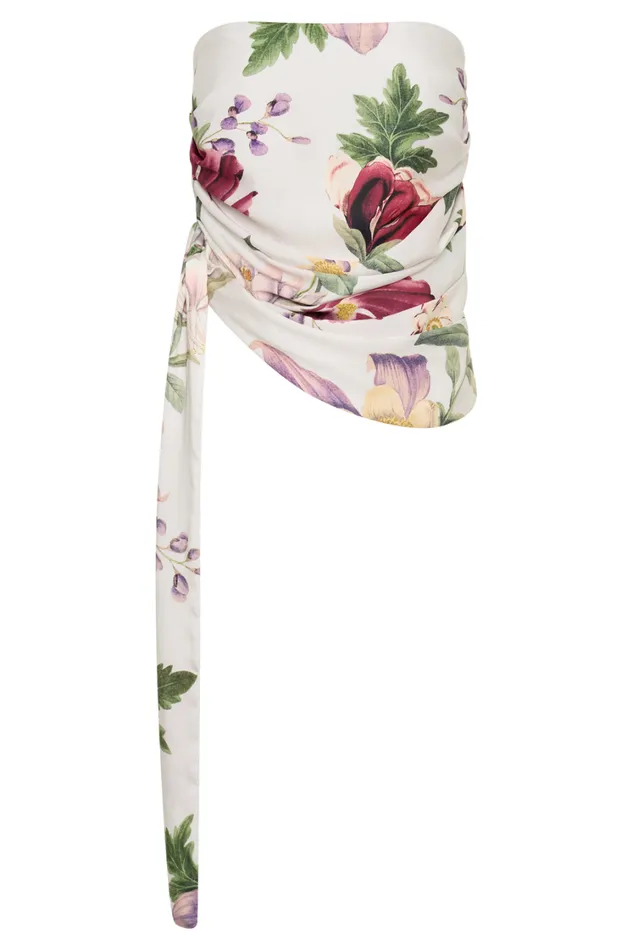 Women Meshki Tops Allegra Satin Ruched Strapless Top 8211 Bella Rosa Print