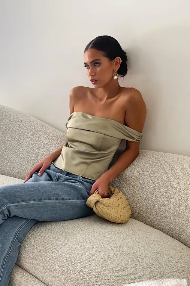 Women Meshki Tops Anysa Satin Strapless Top 8211 Sage