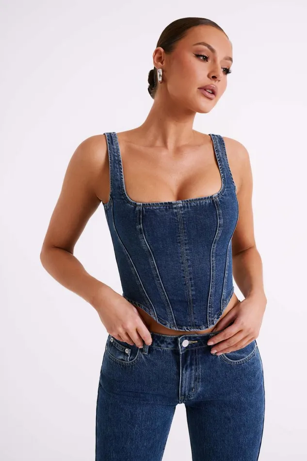 Women Meshki Tops Bianca Denim Lace Up Corset 8211 Dark Blue