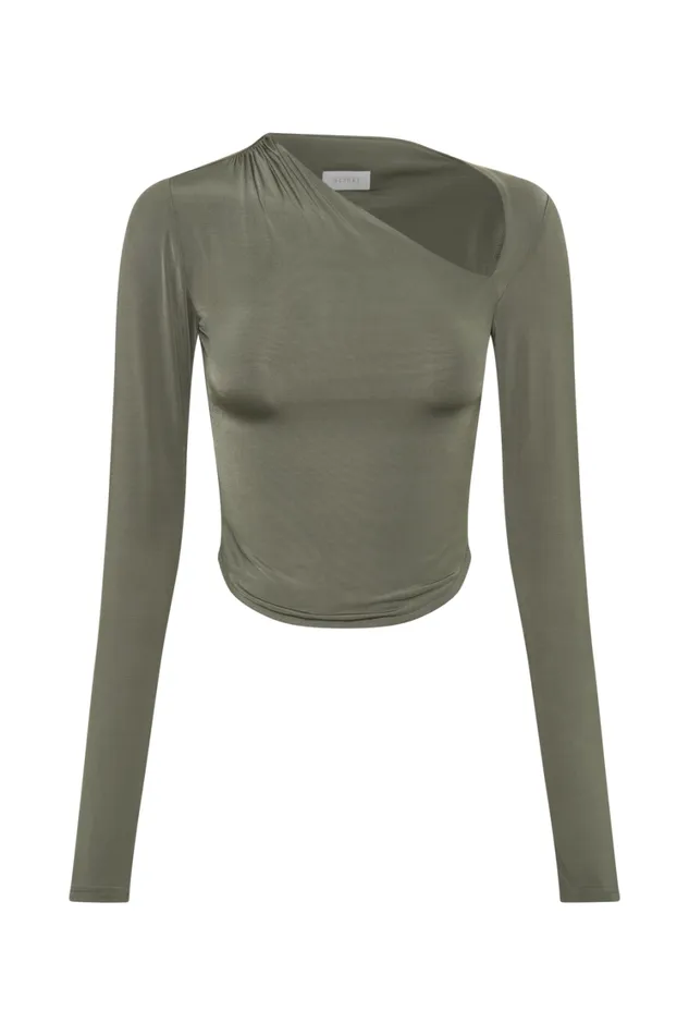 Women Meshki Tops Bruna Slinky Long Sleeve Top With Cut Out 8211 Military Olive