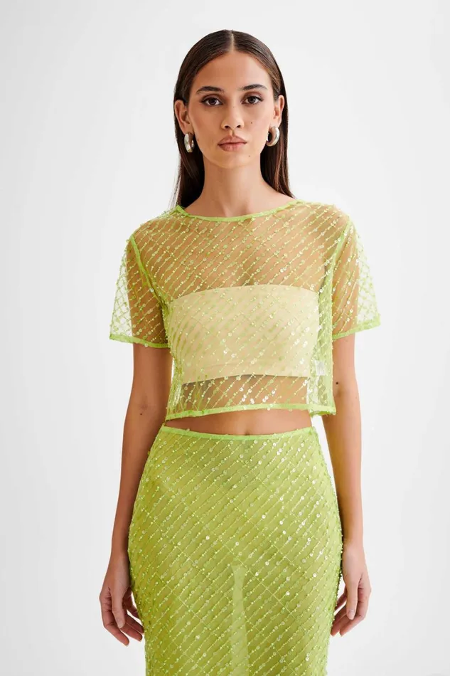 Women Meshki Tops Brynne Sequin Short Sleeve Top 8211 Parakeet Green
