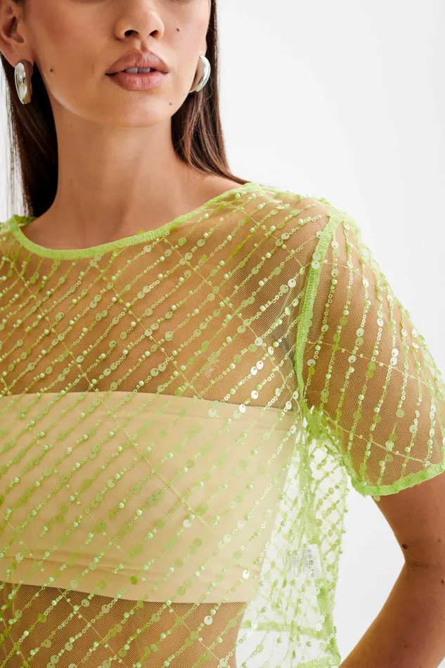 Women Meshki Tops Brynne Sequin Short Sleeve Top 8211 Parakeet Green