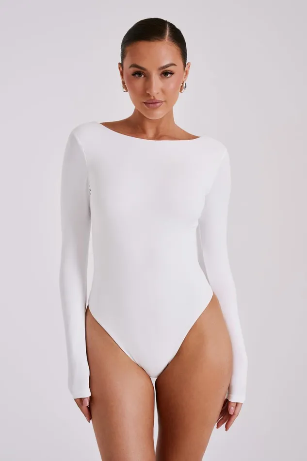 Women Meshki Tops Cheyenne Long Sleeve Plunge Back Bodysuit 8211 White