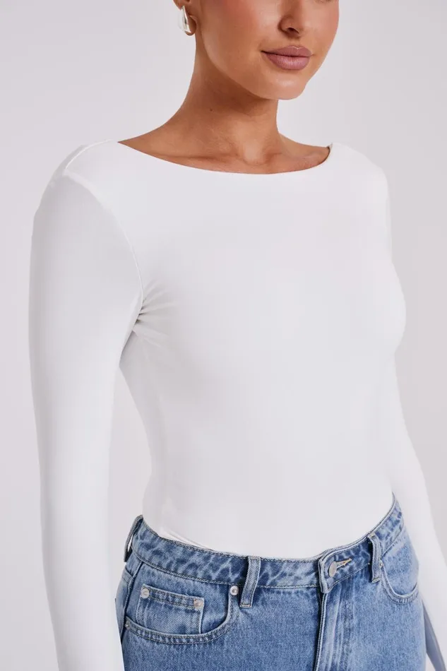 Women Meshki Tops Cheyenne Long Sleeve Plunge Back Bodysuit 8211 White