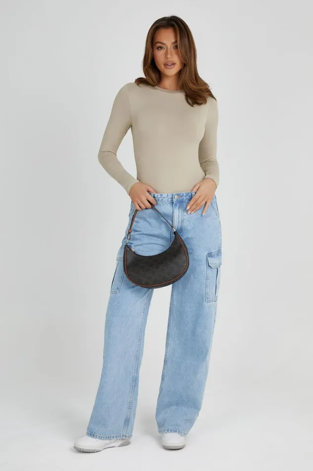Women Meshki Tops Delilah Recycled Nylon Long Sleeve Crew Neck Bodysuit 8211 Taupe