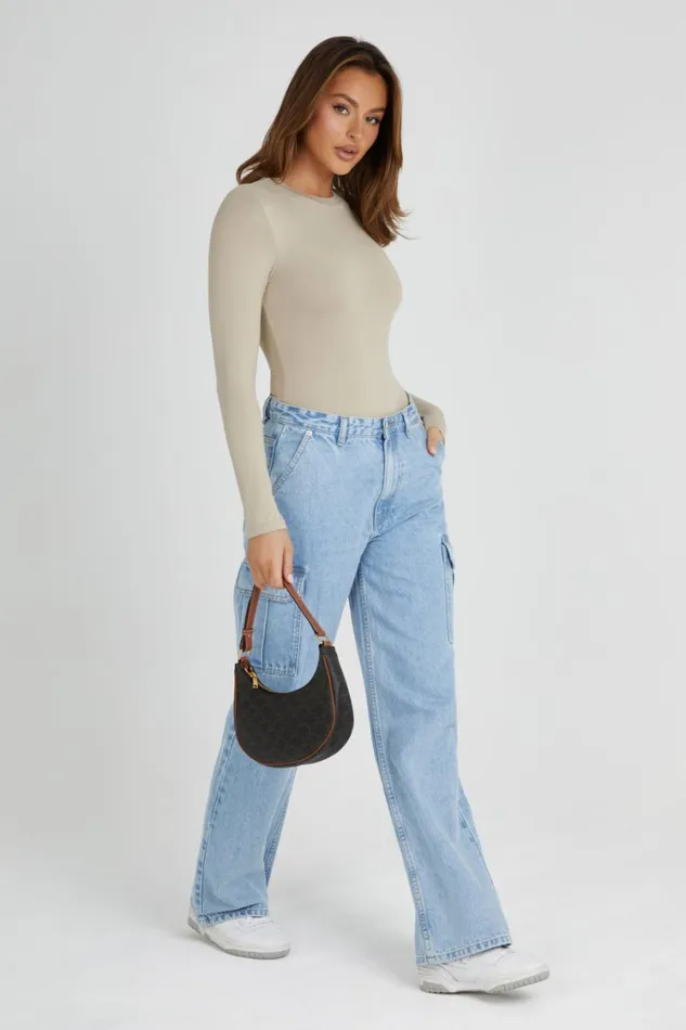 Women Meshki Tops Delilah Recycled Nylon Long Sleeve Crew Neck Bodysuit 8211 Taupe