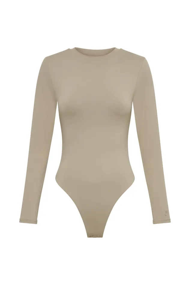 Women Meshki Tops Delilah Recycled Nylon Long Sleeve Crew Neck Bodysuit 8211 Taupe