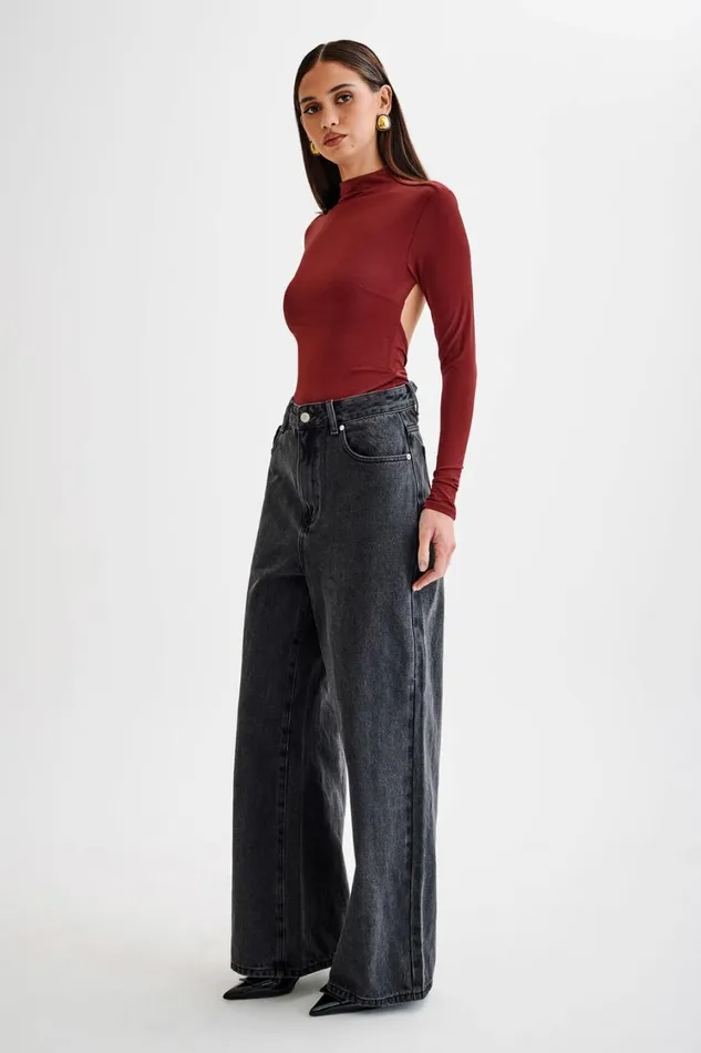 Women Meshki Tops Elani Slinky High Neck Bodysuit 8211 Wine