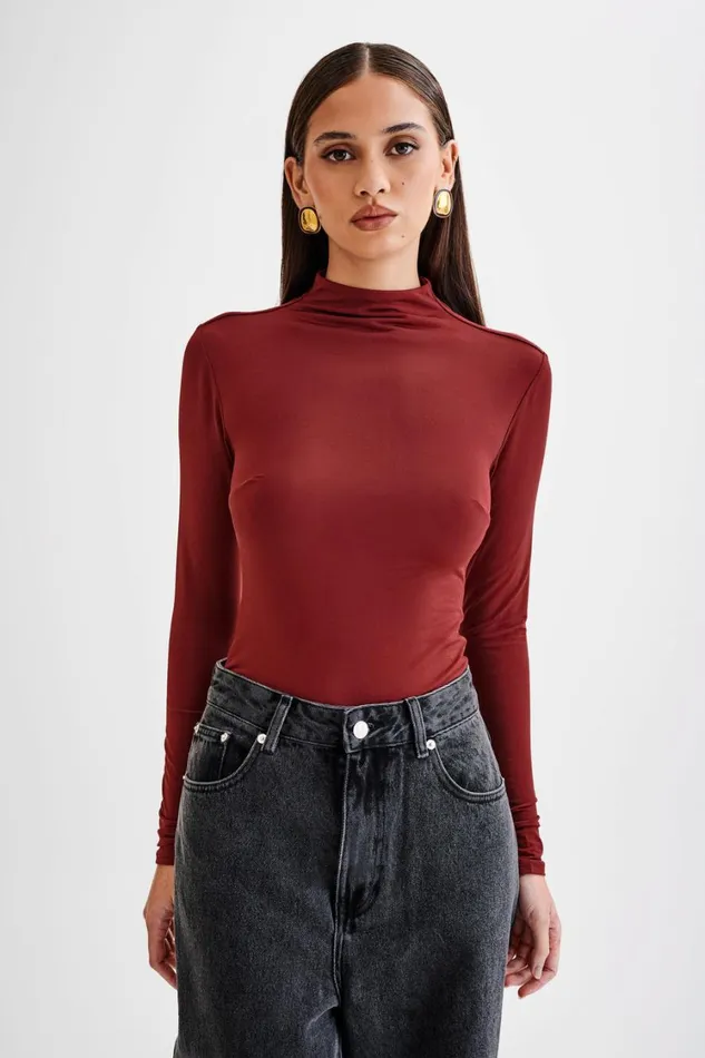 Women Meshki Tops Elani Slinky High Neck Bodysuit 8211 Wine