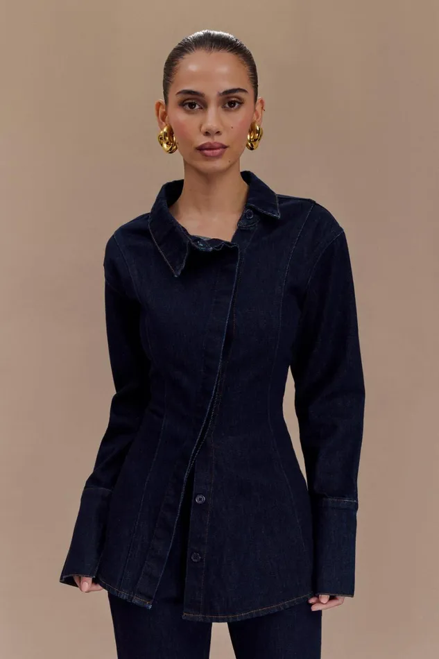 Women Meshki Tops Jericho Asymmetrical Denim Shirt 8211 Indigo Blue