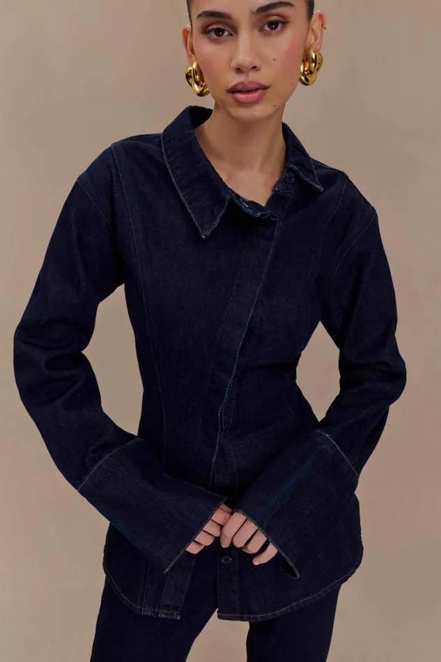 Women Meshki Tops Jericho Asymmetrical Denim Shirt 8211 Indigo Blue