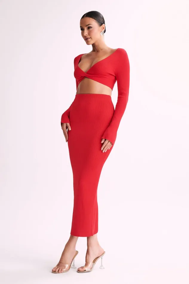Women Meshki Tops Kaesha Long Sleeve Twist Front Knit Top 8211 Red