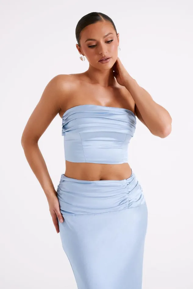Women Meshki Tops Khalani Ruched Strapless Satin Top 8211 Ice Blue