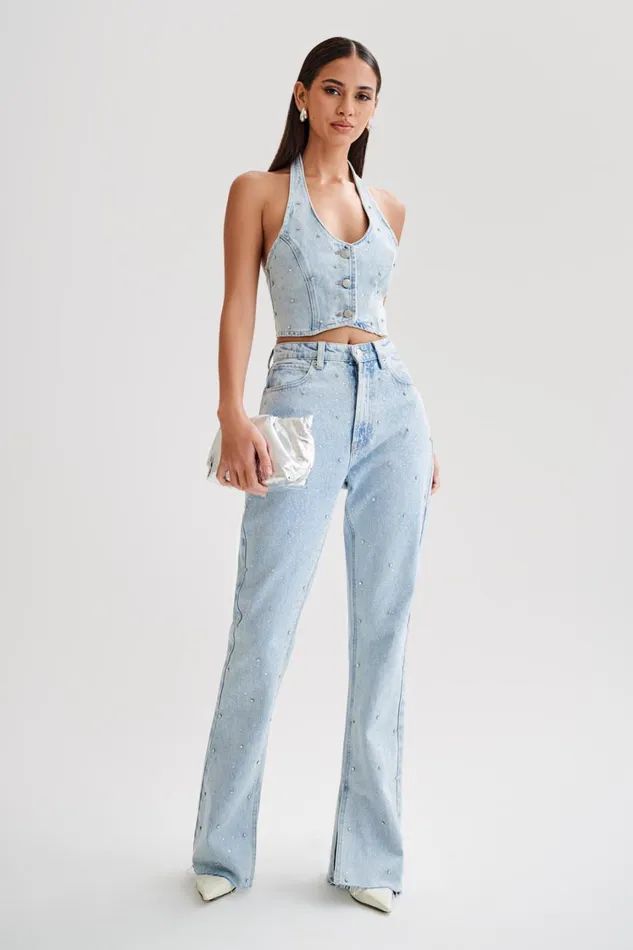Women Meshki Tops Kieryn Embellished Denim Vest 8211 Light Blue