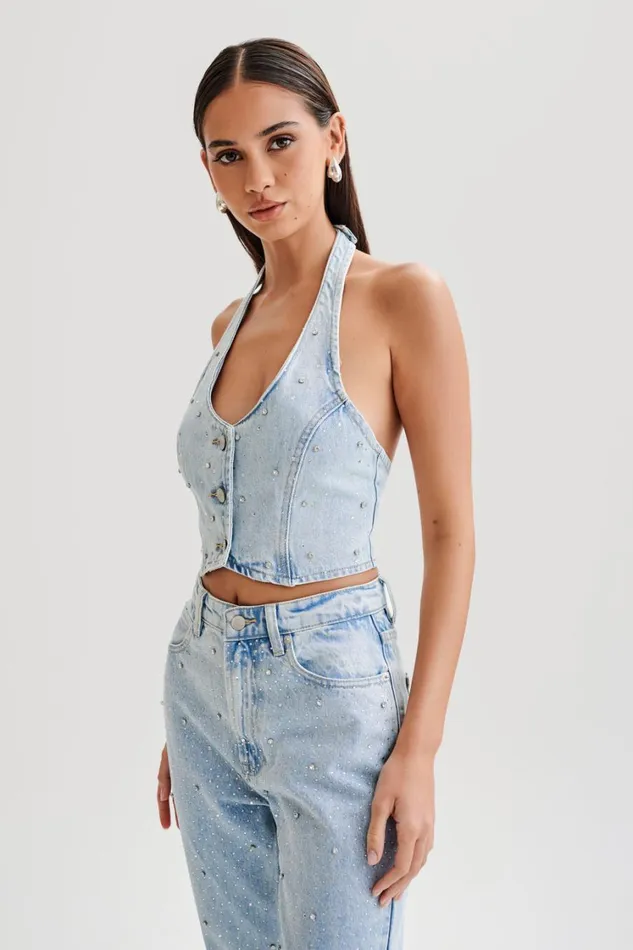 Women Meshki Tops Kieryn Embellished Denim Vest 8211 Light Blue