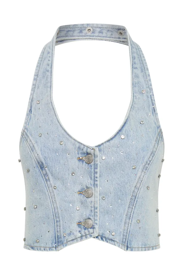 Women Meshki Tops Kieryn Embellished Denim Vest 8211 Light Blue