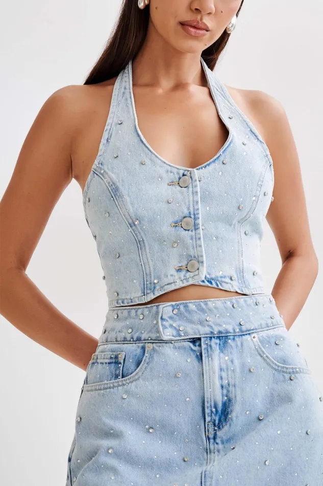 Women Meshki Tops Kieryn Embellished Denim Vest 8211 Light Blue