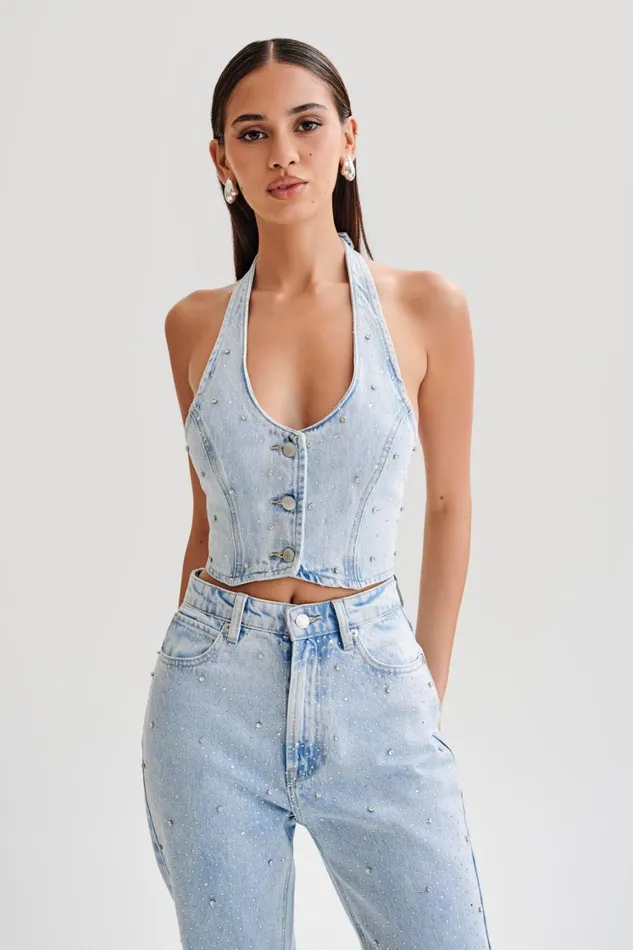 Women Meshki Tops Kieryn Embellished Denim Vest 8211 Light Blue