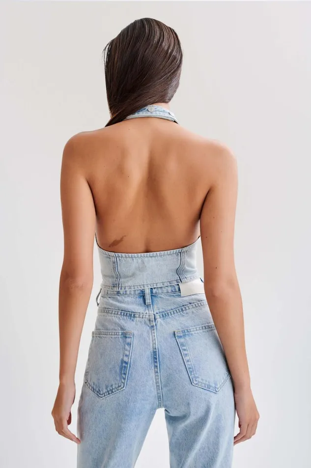 Women Meshki Tops Kieryn Embellished Denim Vest 8211 Light Blue
