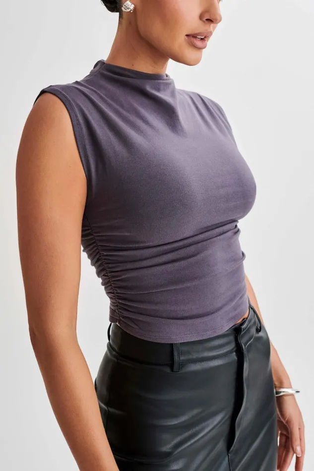 Women Meshki Tops Kimber High Neck Sleeveless Top 8211 Charcoal