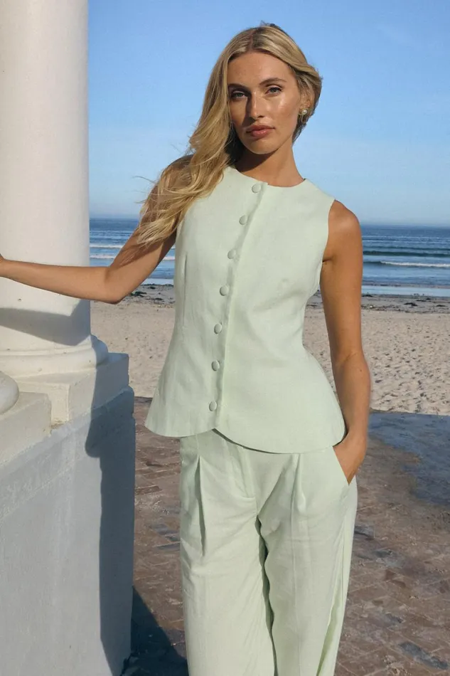 Women Meshki Tops Laurence Sleeveless Linen Longline Top 8211 Mint