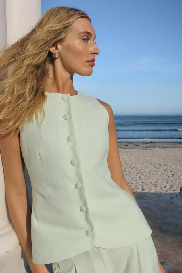 Women Meshki Tops Laurence Sleeveless Linen Longline Top 8211 Mint