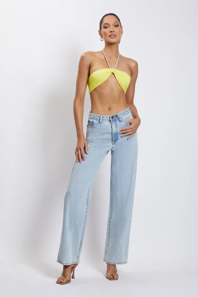 Women Meshki Tops Lea Diamante Chain Halter Neck Crop Top 8211 Yellow