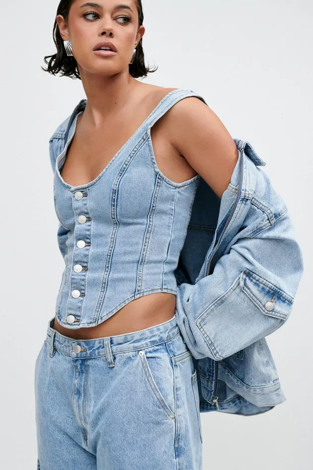 Women Meshki Tops Leilani Corset Denim Top 8211 Mid Blue