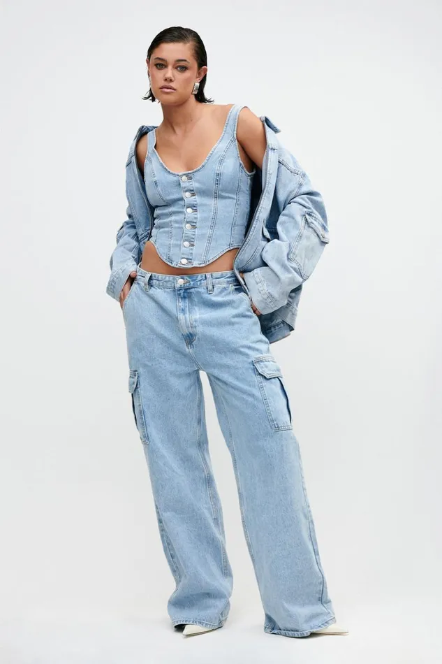 Women Meshki Tops Leilani Corset Denim Top 8211 Mid Blue