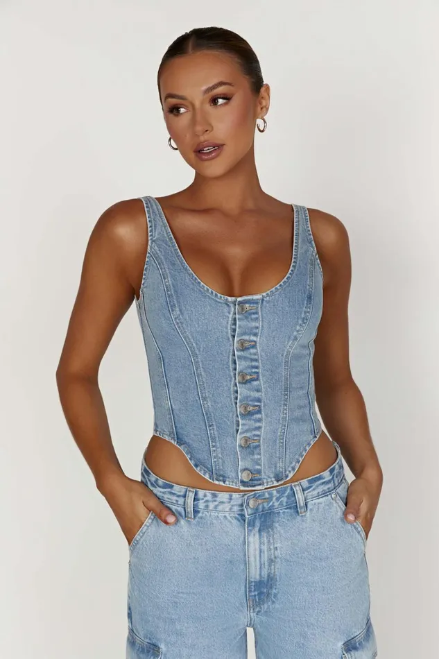 Women Meshki Tops Leilani Corset Denim Top 8211 Mid Blue