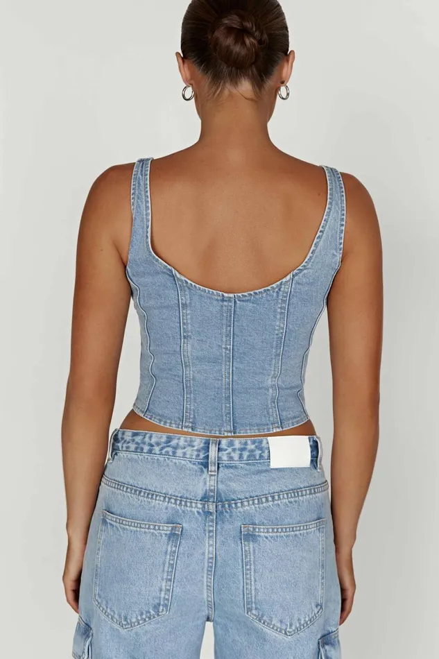 Women Meshki Tops Leilani Corset Denim Top 8211 Mid Blue