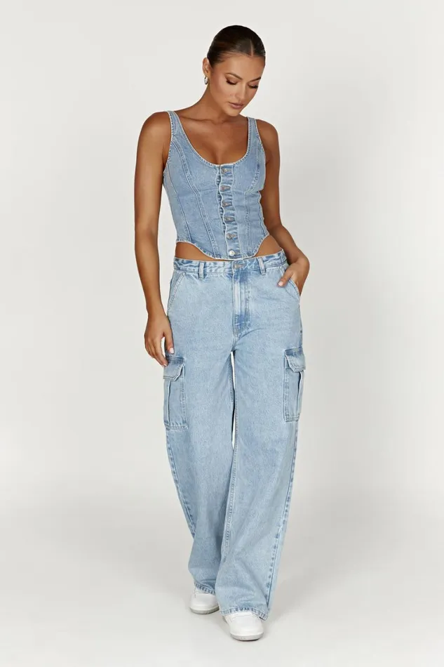 Women Meshki Tops Leilani Corset Denim Top 8211 Mid Blue