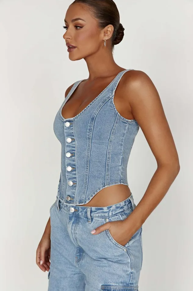 Women Meshki Tops Leilani Corset Denim Top 8211 Mid Blue
