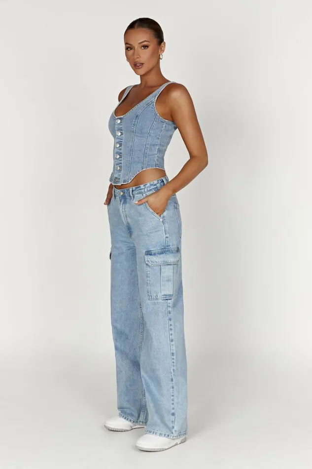 Women Meshki Tops Leilani Corset Denim Top 8211 Mid Blue
