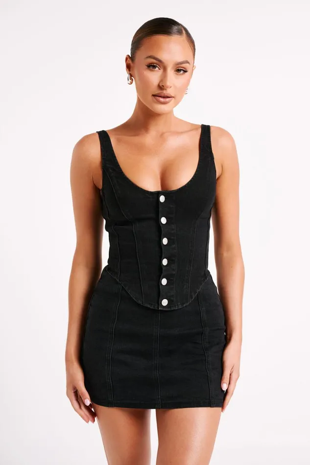 Women Meshki Tops Leilani Corset Denim Top 8211 Washed Black