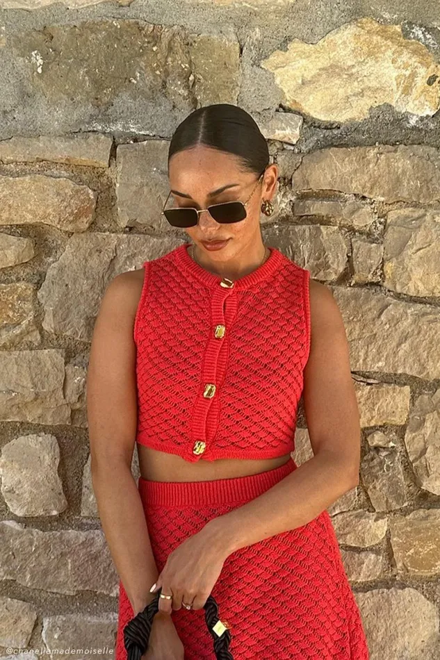 Women Meshki Tops Lorenza Crochet Button Down Crop Top 8211 Pomegranate