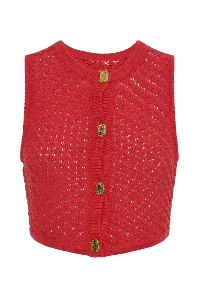 Women Meshki Tops Lorenza Crochet Button Down Crop Top 8211 Pomegranate
