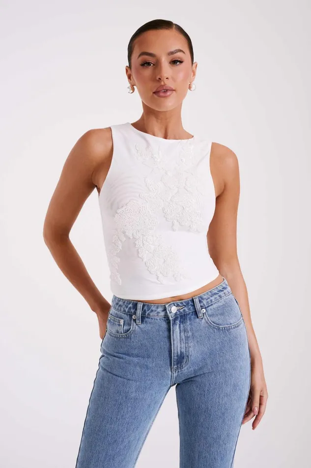Women Meshki Tops Luci Beaded Flower Mesh Top 8211 White