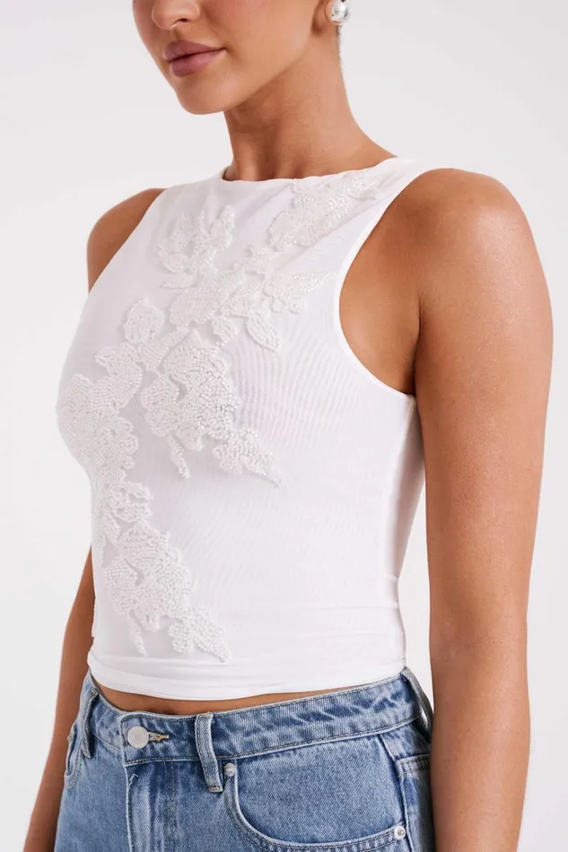 Women Meshki Tops Luci Beaded Flower Mesh Top 8211 White