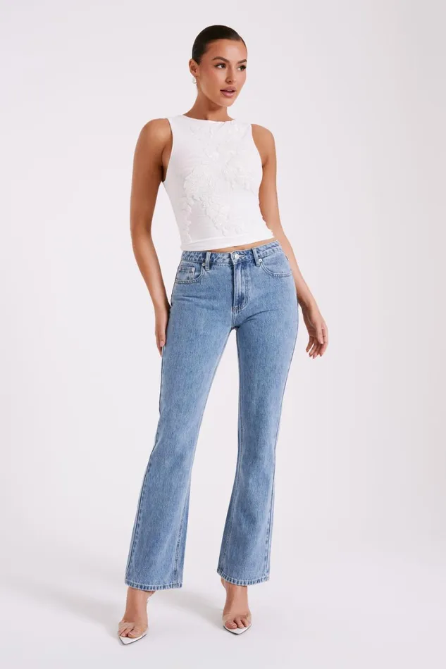 Women Meshki Tops Luci Beaded Flower Mesh Top 8211 White