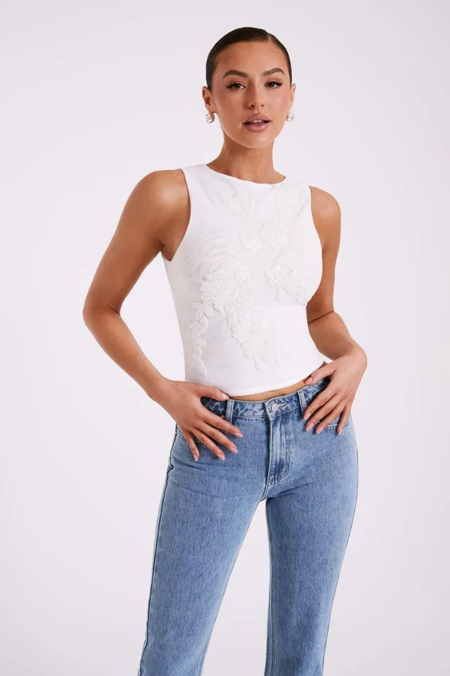 Women Meshki Tops Luci Beaded Flower Mesh Top 8211 White