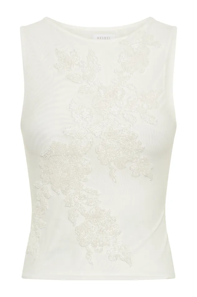 Women Meshki Tops Luci Beaded Flower Mesh Top 8211 White