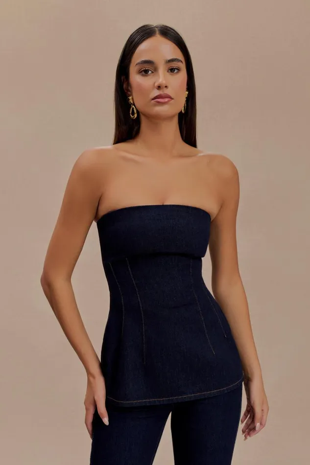 Women Meshki Tops Madelyn Strapless Longline Denim Top 8211 Indigo Blue