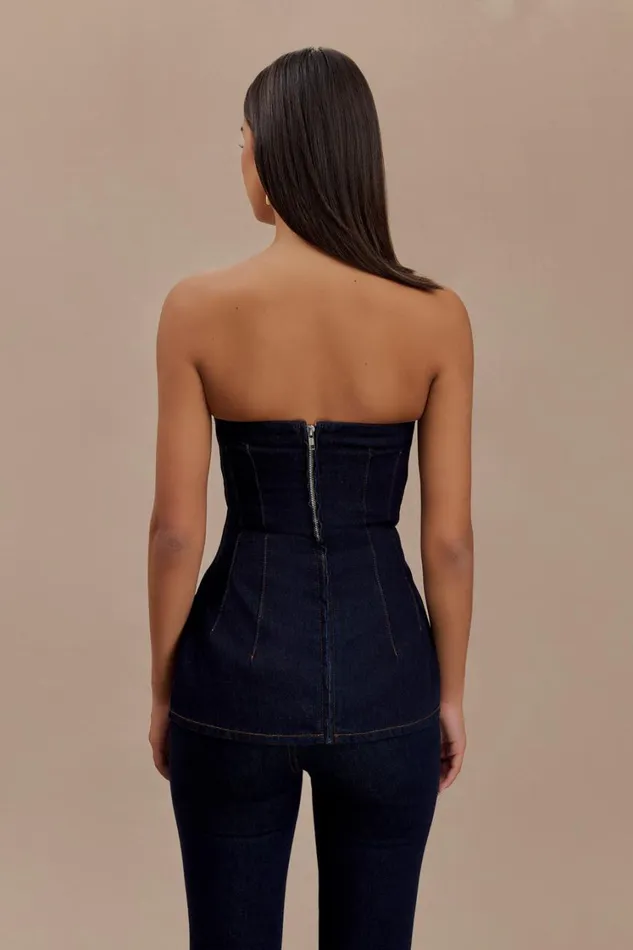 Women Meshki Tops Madelyn Strapless Longline Denim Top 8211 Indigo Blue