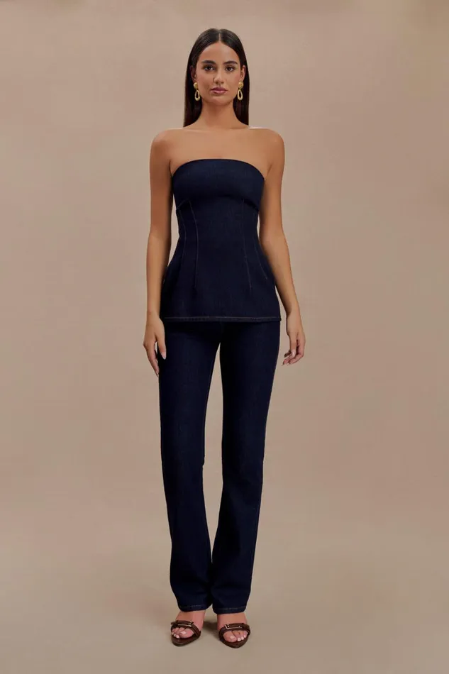 Women Meshki Tops Madelyn Strapless Longline Denim Top 8211 Indigo Blue