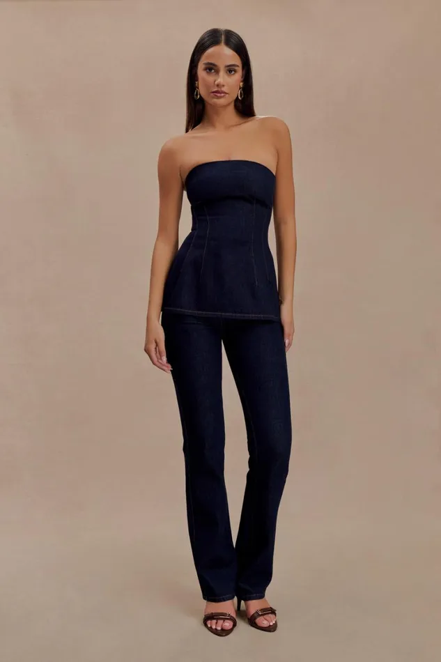 Women Meshki Tops Madelyn Strapless Longline Denim Top 8211 Indigo Blue